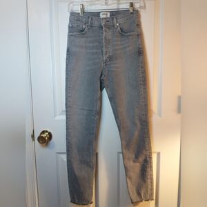 - AGOLDE women's grey wash slim high rise raw hem button fly Nico 25